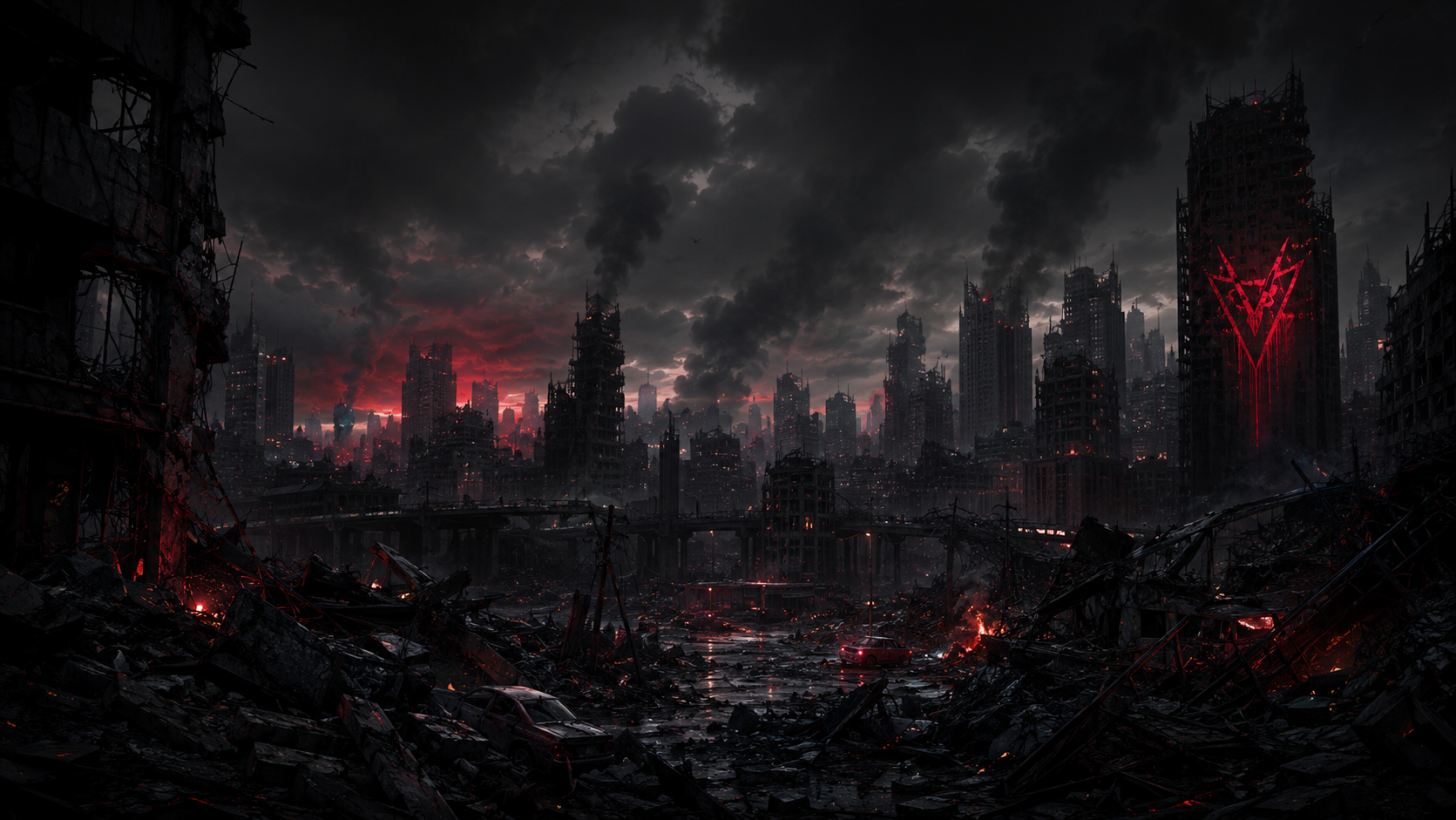 Ruined Scarvoid metropolis under storm clouds